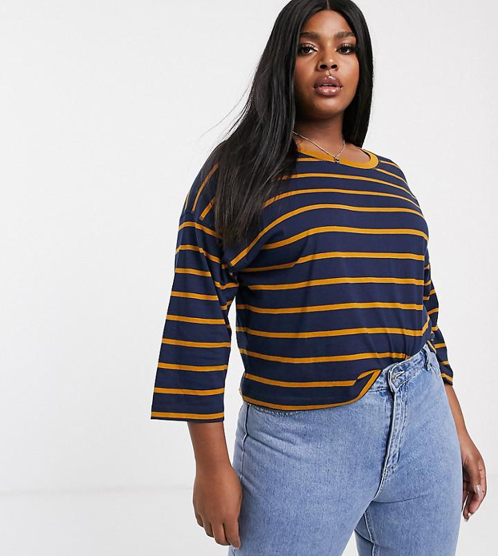 Simply Be Boxy T-shirt In Navy And Mustard Stripe-multi