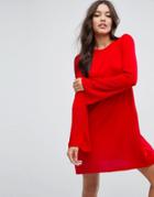 Asos Dress In Knit With Fluted Sleeve - Red