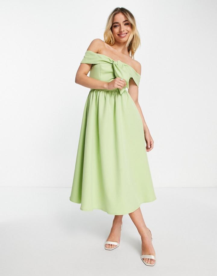 Little Mistress Bow Front Off Shoulder Dress In Pale Green