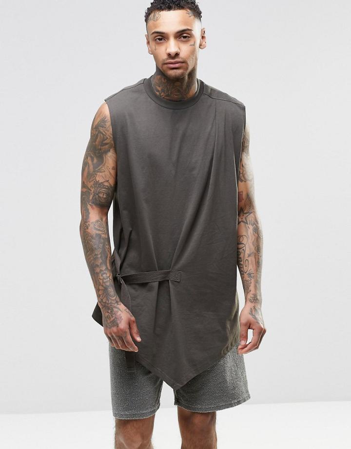 Asos Longline Sleeveless T-shirt With D Ring Strap Detail - Khaki