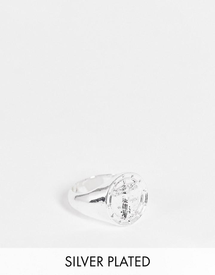 Asos Design Signet Ring With Vitruvian Design In Real Silver Plate