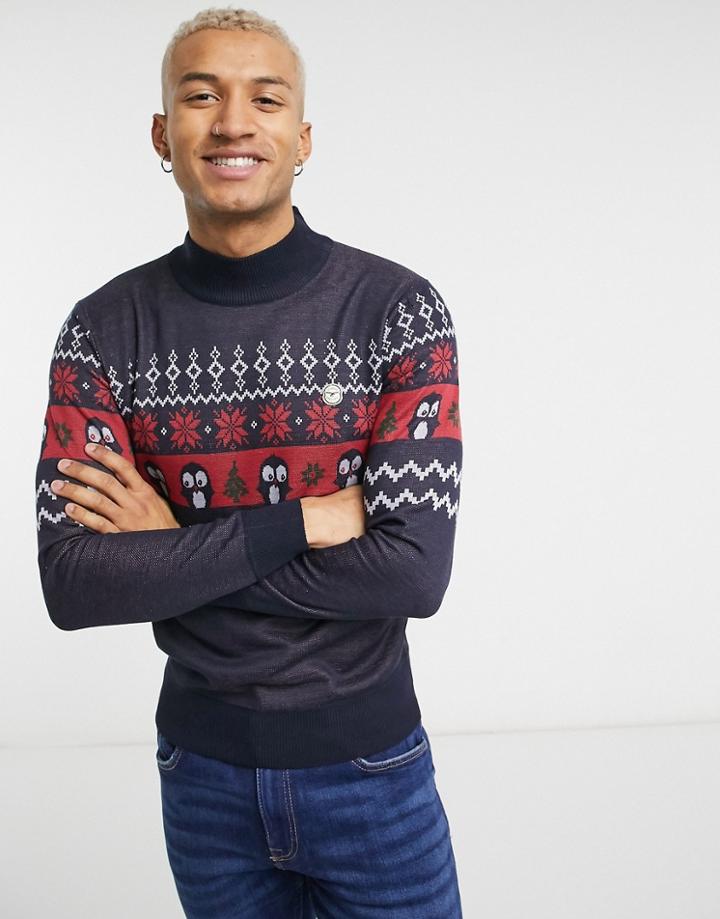 Le Breve Roll Neck Christmas Sweater In Navy