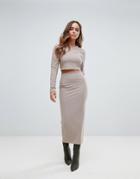 Prettylittlething Ribbed Midaxi Skirt In Nude - Green
