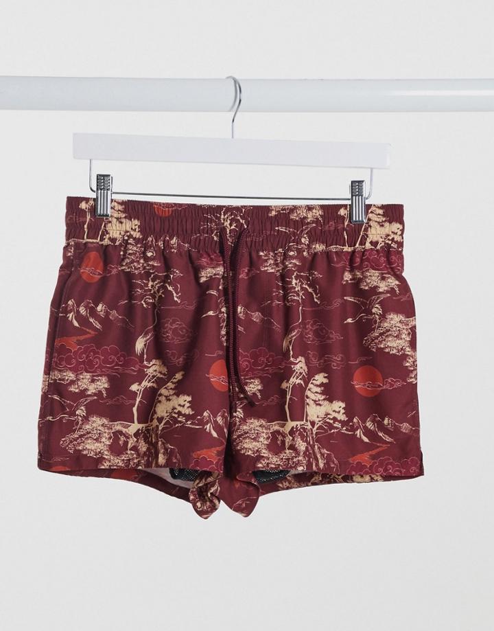 Asos Design Swim Shorts With Red Based Souvenir Print Short Length