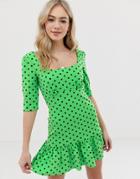 Asos Design Polka Dot Mini Dress With Pep Hem-multi