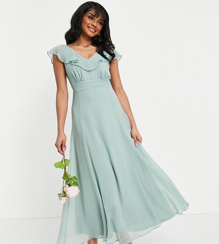 Vila Petite Bridesmaid Maxi Dress With Pleated Detail And Frill Shoulder Detail In Green