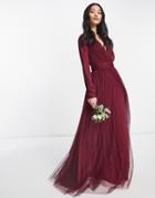 Asos Design Bridesmaid Long Sleeve Tulle Ruched Maxi Dress With Pleated Skirt In Oxblood-red