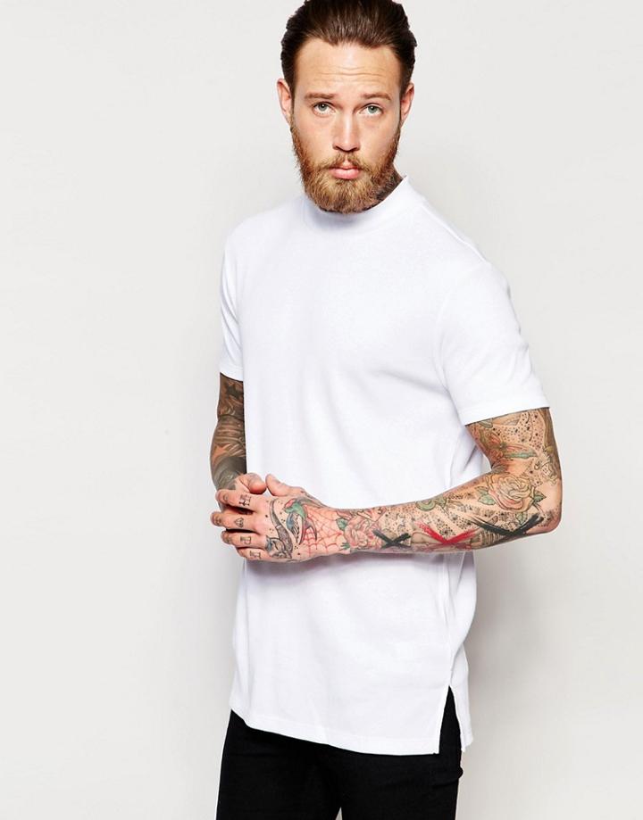 Asos Extreme Muscle Longline T-shirt With Turtleneck In Rib In White - White