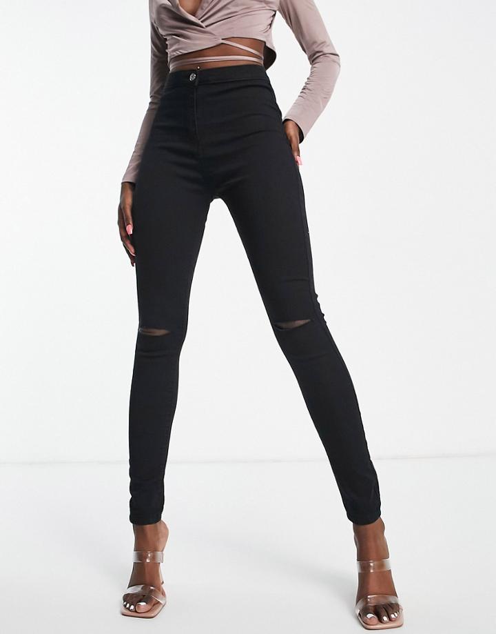 Rebellious Fashion Knee Rip Stretch Denim Jeggings In Black