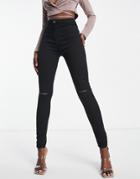 Rebellious Fashion Knee Rip Stretch Denim Jeggings In Black