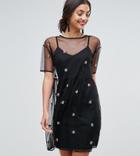 Asos Tall Mesh Smock Dress With Floral Embroidery - Black