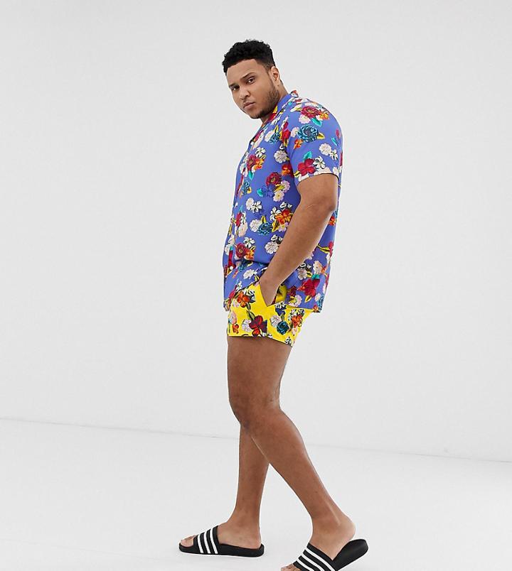 Asos Design Plus Two-piece Swim Shorts In Yellow Floral Print In Super Short Length - Yellow