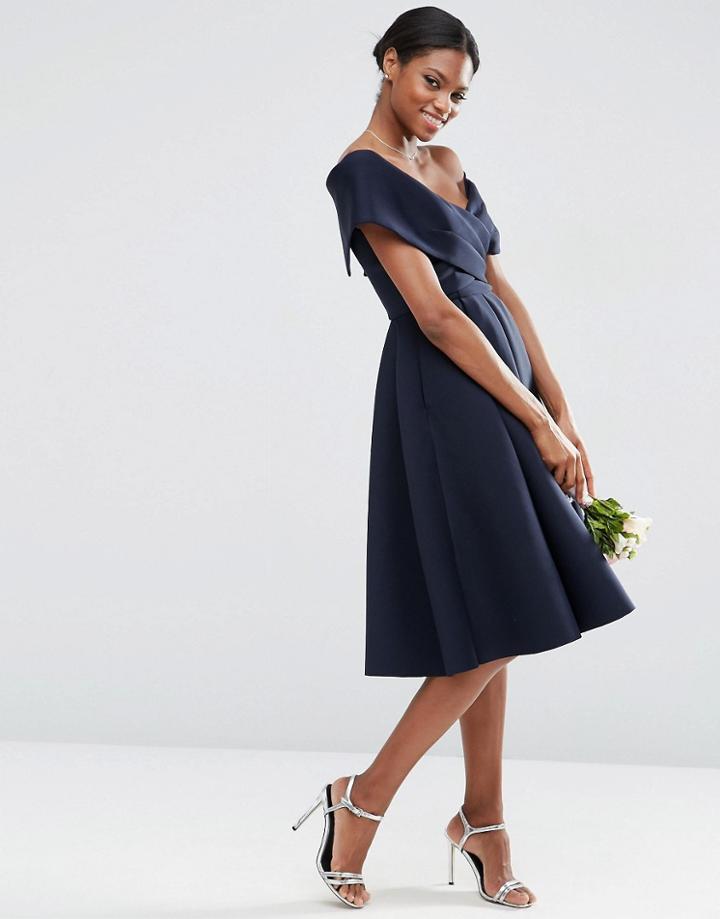 Asos Wedding Scuba Off The Shoulder Midi Prom Dress - Navy