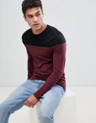 Asos Design Muscle Fit Long Sleeve T-shirt With Contrast Yoke In Burgundy - Red