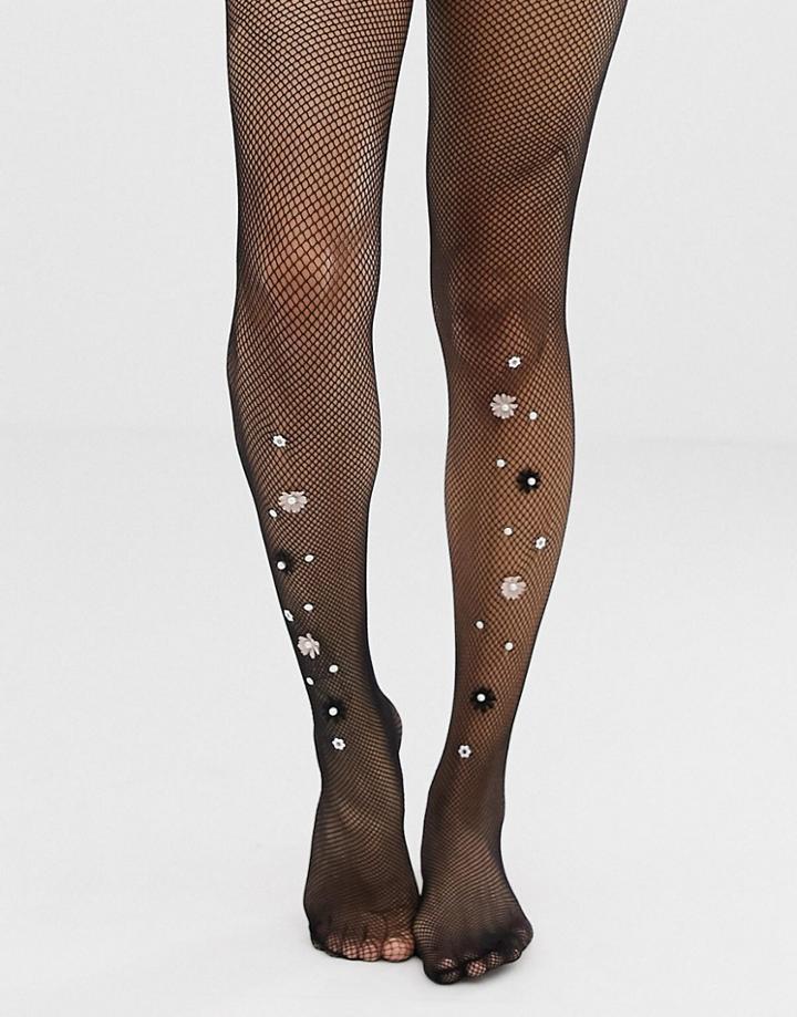Hunkemoller 3d Floral Fishnet Tights - Black