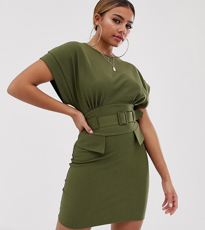 Asos Design Petite Exclusive Belted Mini Utility Pencil Dress-green