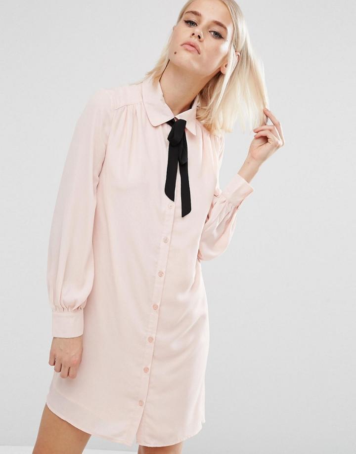 Fashion Union Shirt Dress With Tie Up Neck - Pink