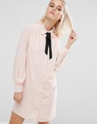 Fashion Union Shirt Dress With Tie Up Neck - Pink