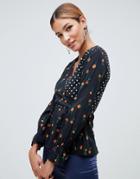 Boohoo Mixed Print Wrap Blouse With Peplum Hem In Multi - Multi