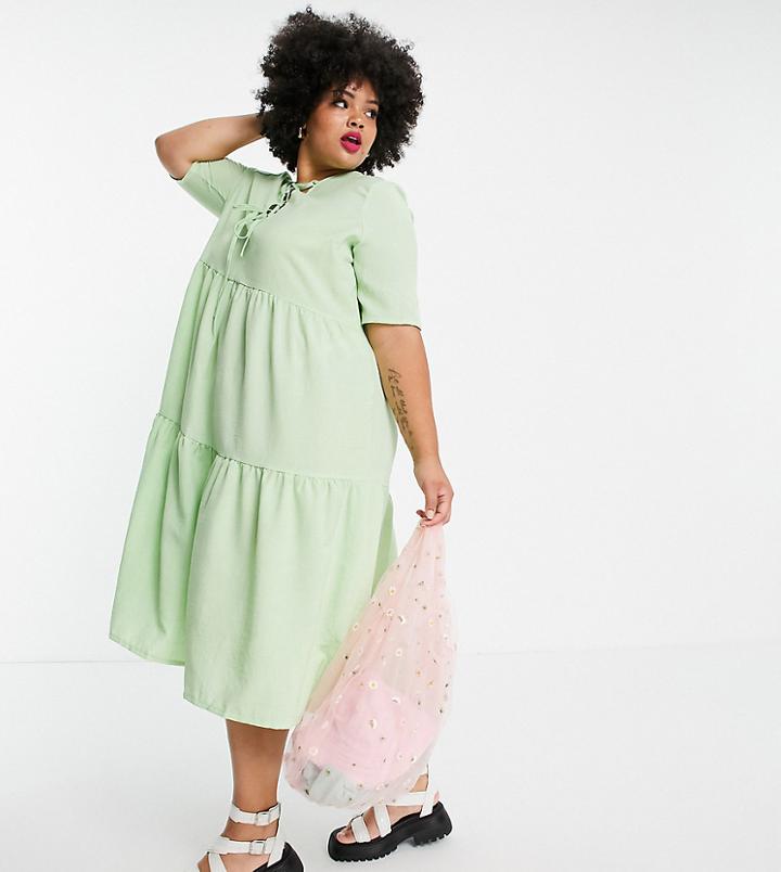 Lola May Plus Tie Front Tiered Midi Smock Dress In Green