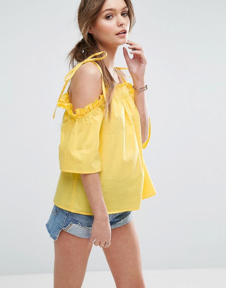 Asos Cold Shoulder Top In Cotton With Tie Shoulder - Yellow