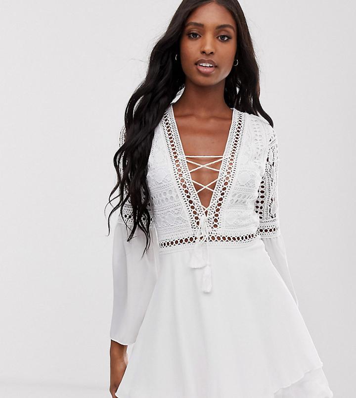 Parisian Tall Lace Up Tunic Dress With Crochet Top And Bell Sleeves-white