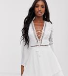 Parisian Tall Lace Up Tunic Dress With Crochet Top And Bell Sleeves-white