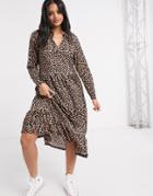 Asos Design Midi Smock Dress With Grandad Collar In Animal Print-brown