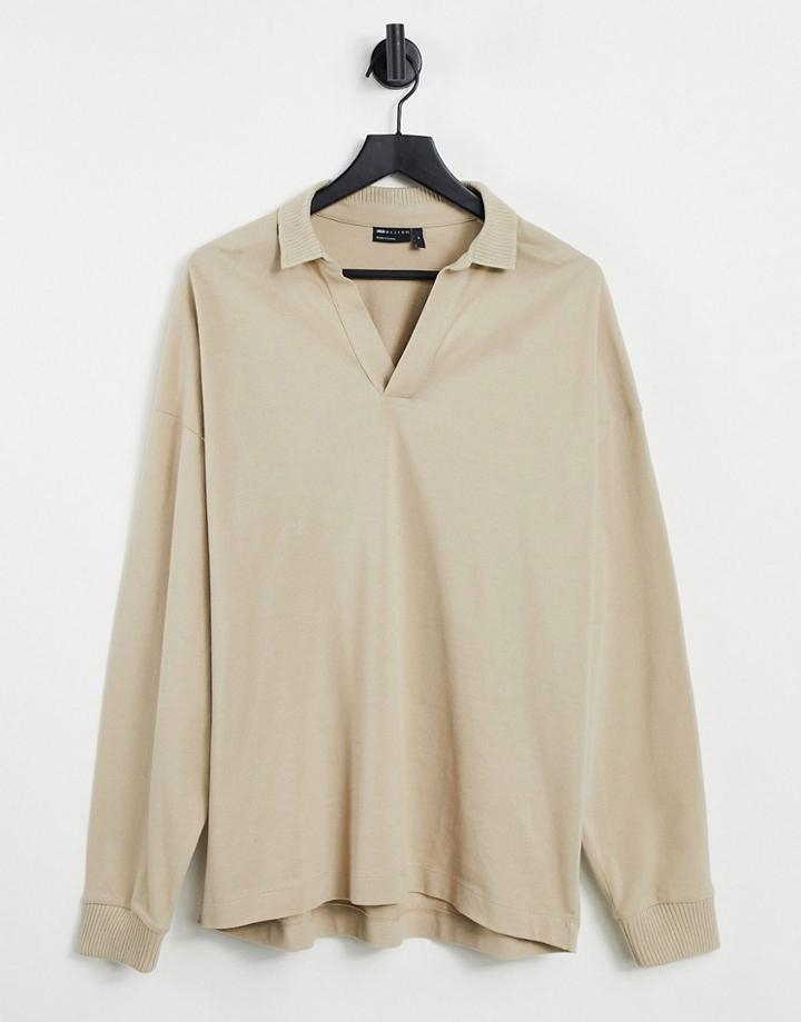 Asos Design Oversized Long Sleeve Revere Polo With Rib Details In Beige-yellow