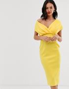 Asos Design Fallen Shoulder Midi Pencil Dress With Tie Detail-yellow