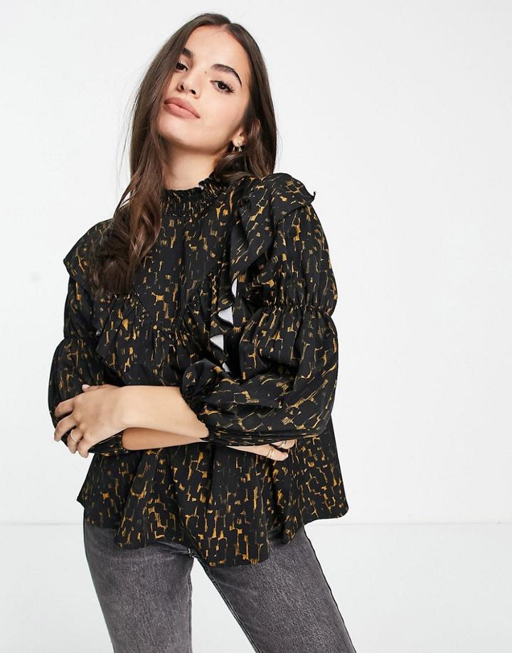 Fashion Union Almost Animal Print High Neck Ruffle Smock Top In Black