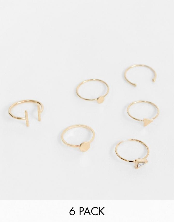 Asos Design Pack Of 6 Rings In Fine Geo Design In Gold - Gold