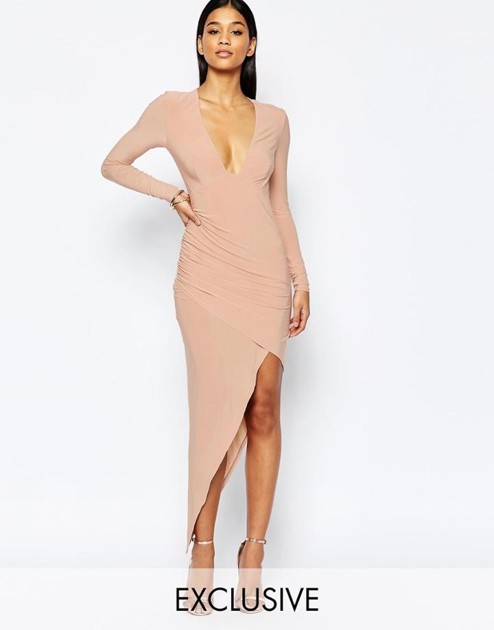 Club L Asymmetric Plunge Midi Dress - Nude