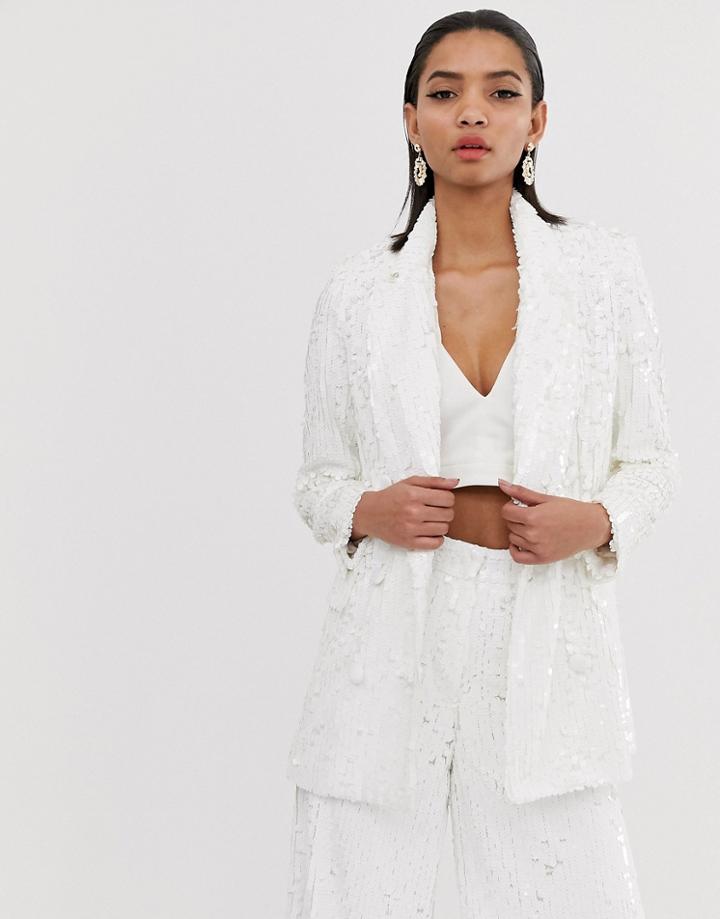 Asos Edition Double Breasted Blazer In Sequin-white