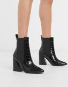 Asos Design Rocco Pointed Heeled Boots In Black Croc