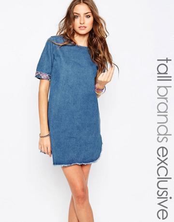 Liquor & Poker Tall Denim Dress With Embroidered Trim - Blue