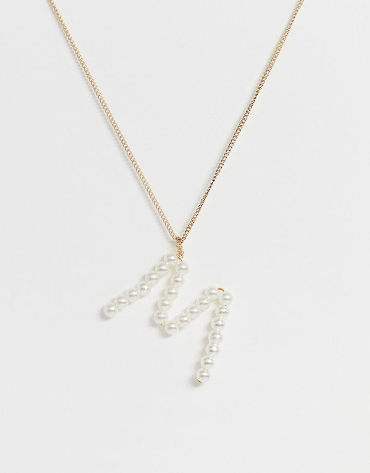 Designb London M Initial Faux Pearl Necklace - Gold