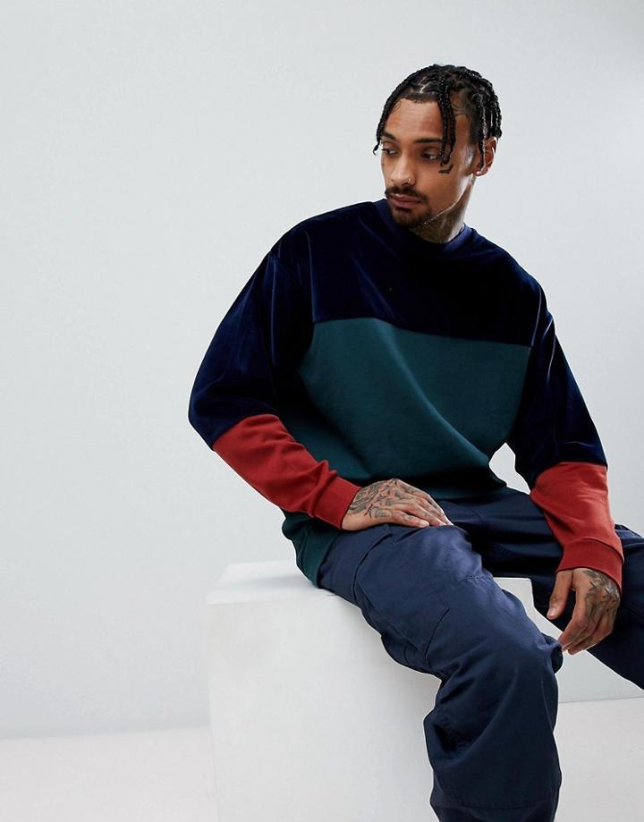 Asos Oversized Longline Sweatshirt In Green Velour Color Block - Green