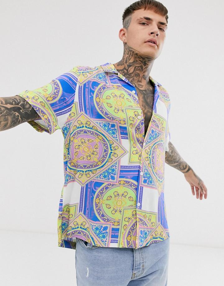 Asos Design Short Sleeve Relaxed Fit Shirt In Neon Baroque Print-green