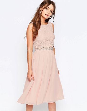 Elise Ryan Skater Dress With Scallop Lace Overlay - Nude