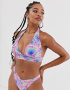 Asos Design Fuller Bust Mix And Match Halter Plunge Bikini Top In Neon Tie Dye Dd-f - Multi