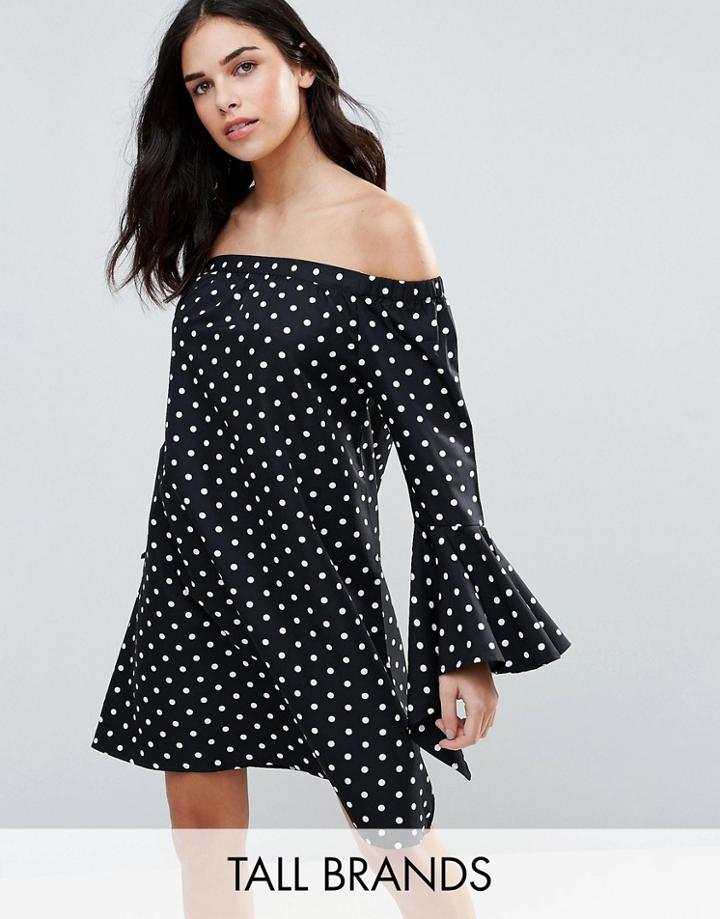 Influence Tall Bardot Dress In Polka Dot - Black