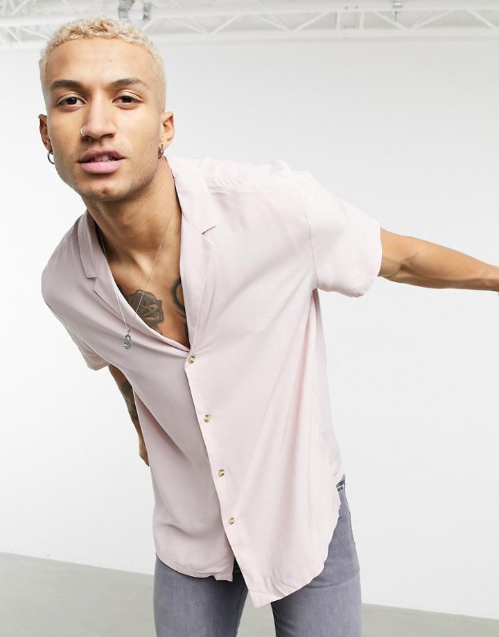 Asos Design Relaxed Fit Viscose Shirt With Low Camp Collar In Neutral Pink