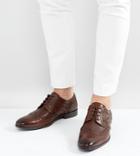 Asos Wide Fit Derby Brogue Shoes In Brown Leather With Embossed Panels - Brown
