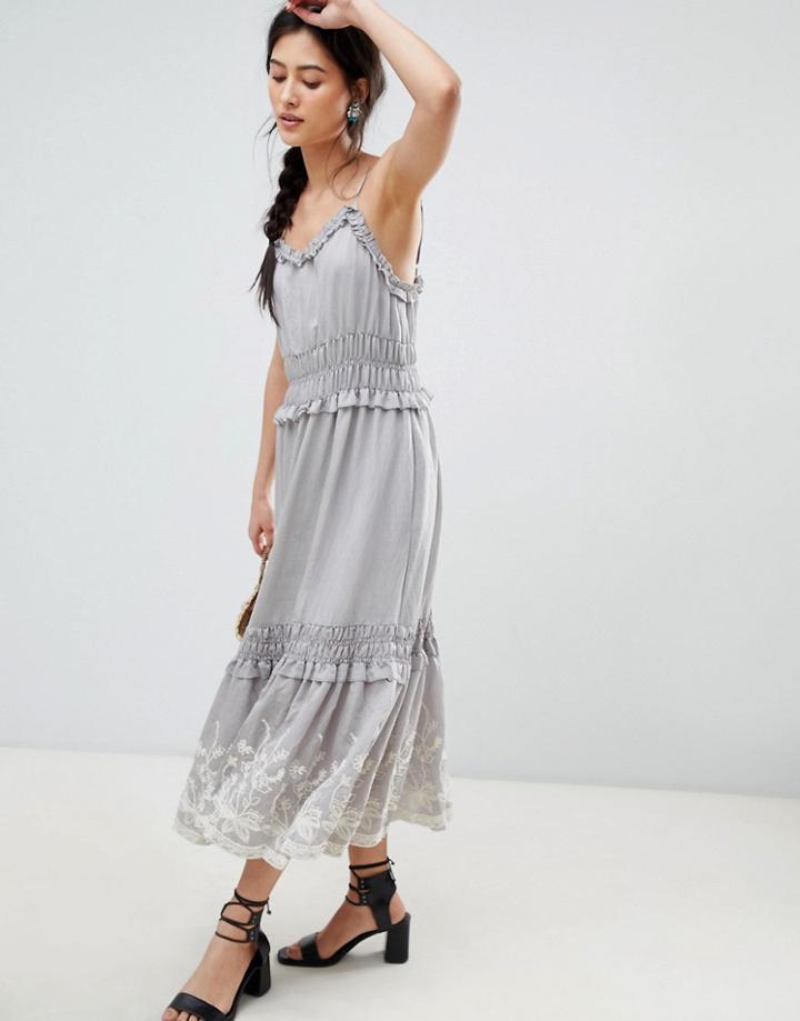 Moon River Embroidered Midi Dress - Gray