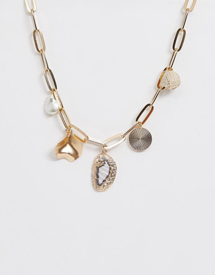 Asos Design Necklace In Hardware Chain With Faux Shell And Raffia Charms And Coin Pendants In Gold Tone - Gold