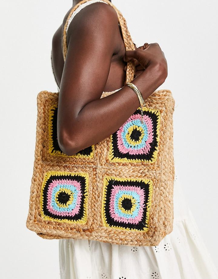 Glamorous Straw Tote Bag With Patchwork Crochet Design-neutral