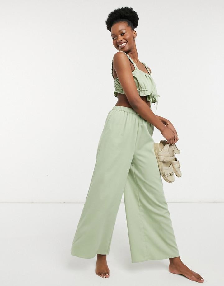 Fashion Union Exclusive High Waist Wide Leg Beach Pants In Grass Green