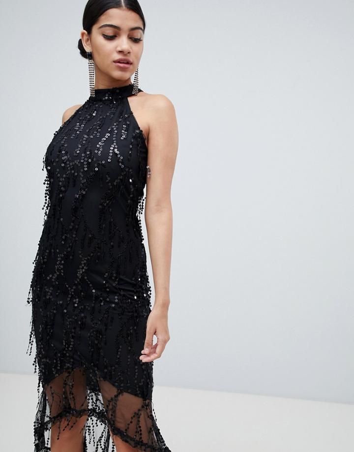 Ax Paris Racer Neck Midi Dress With Fringed Sequin Detail - Black