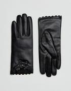 Barneys Real Leather Gloves With Scallop And Bow Detail - Black